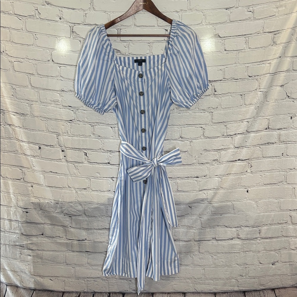 J. Crew Blue & White Striped Button-Front Midi Dress with Puff Sleeves Medium